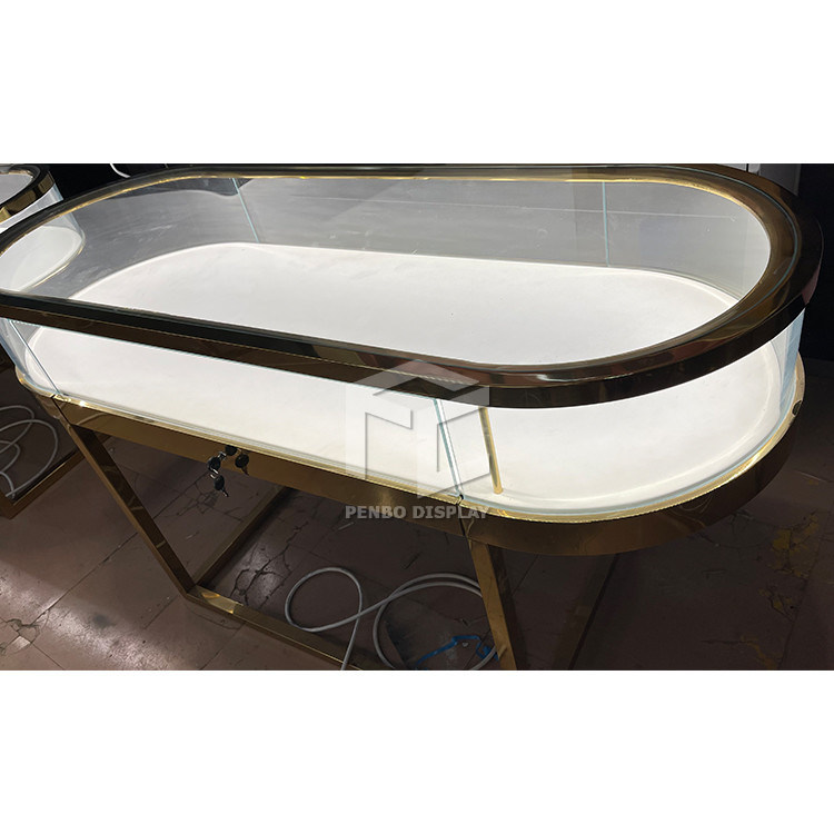 Tempered Glass Jewellery Shop Counter Display Cabinet Golden Color